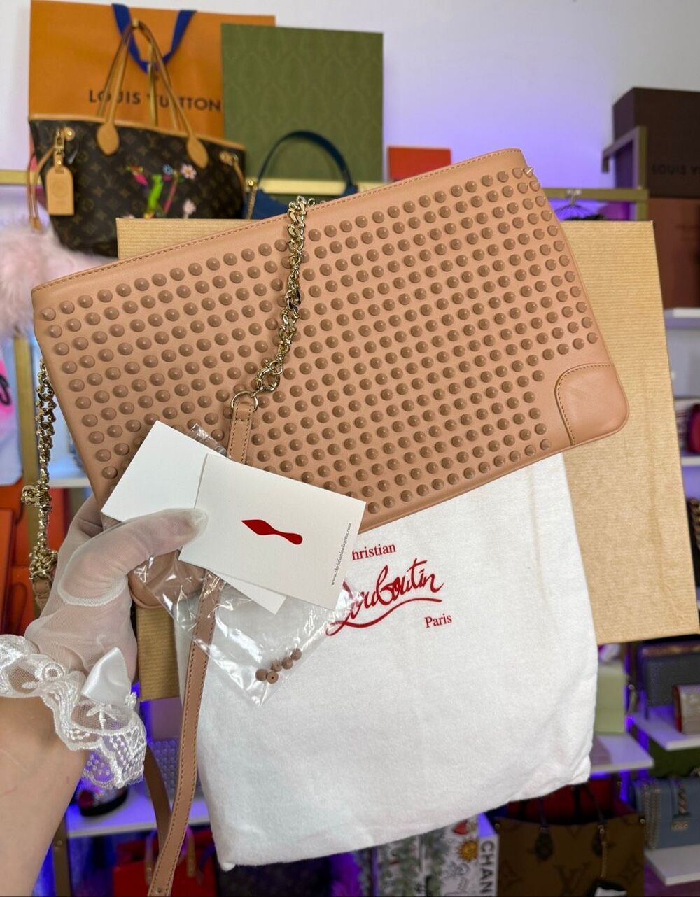 NIB Christian Louboutin Tan Studded Crossbody/Shoulder/Clutch 3 way Bag Full Set